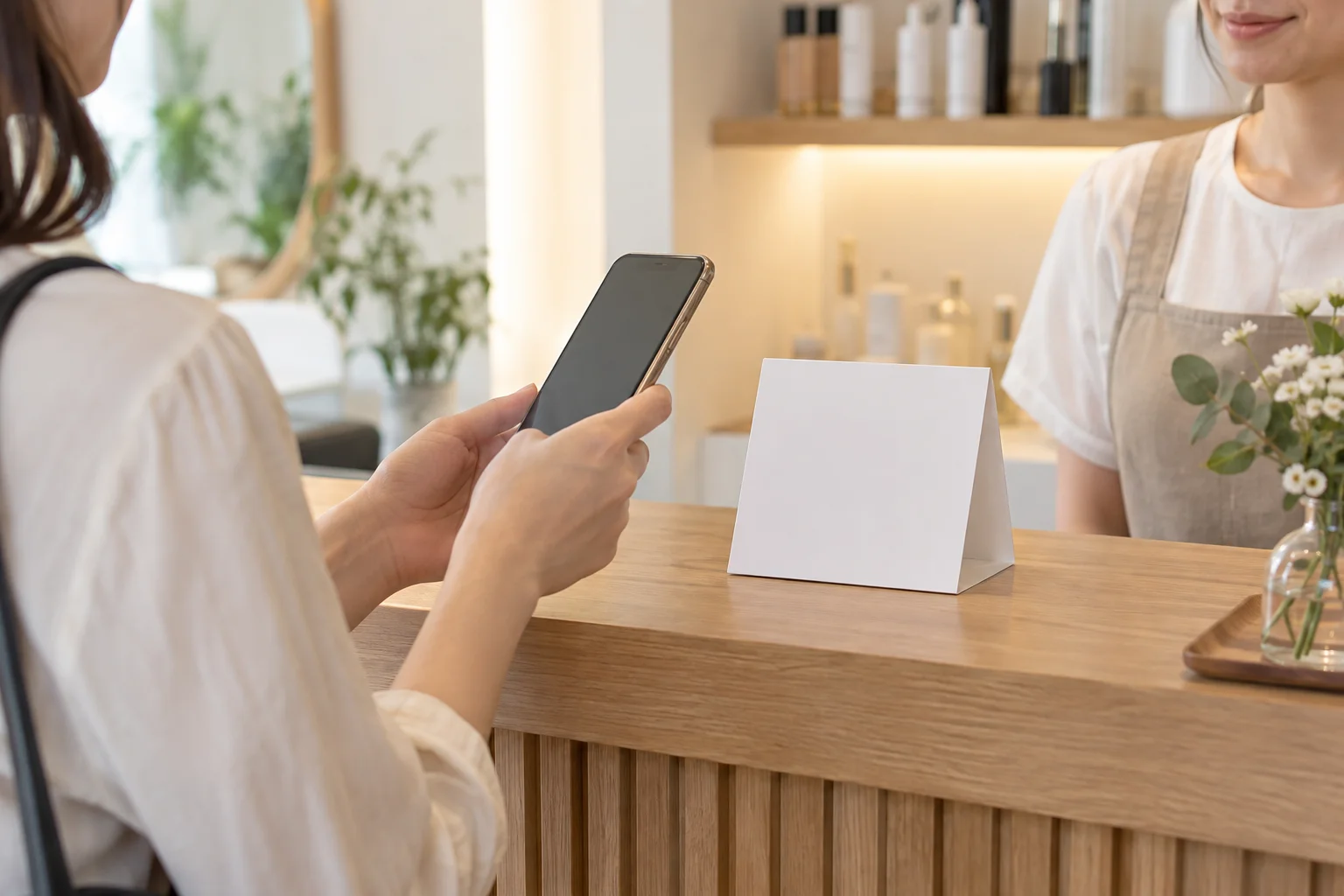 受付のアンケート案内をスマートフォンで読み取る利用イメージ